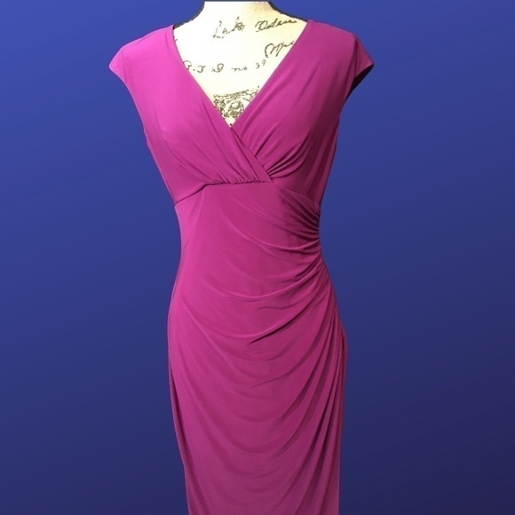 𝅺LAUREN RALPH LAUREN Empire Ruched CAP SLEEVE Dress, Pre-owned, MAGENTA,10 - Picture 1 of 7